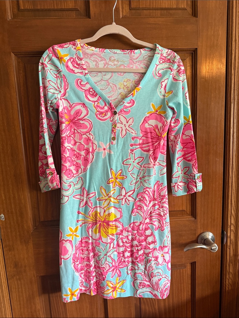 Lilly Pulitzer Bright Floral V-Neck Tunic Dress - Pink & Aqua